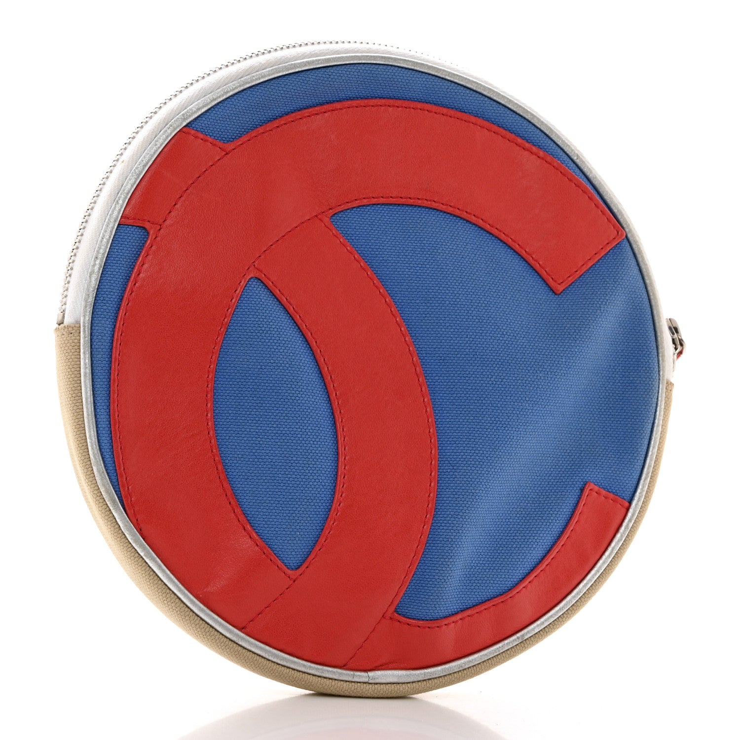 Chanel Canvas Metallic Calfskin N°5 Round Wristlet Clutch Beige Red Blue 3 of 10