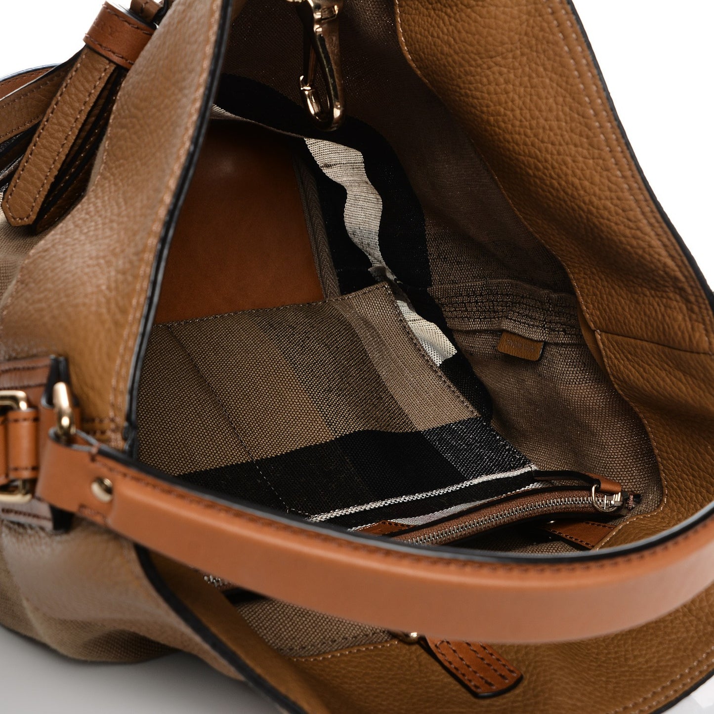 Grainy Calfskin Canvas Mega Check Medium Ashby Tassel Hobo Saddle Brown
