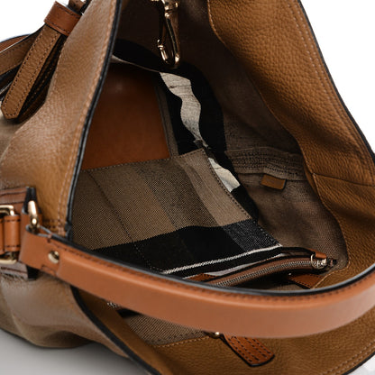 Burberry Grainy Calfskin Canvas Mega Check Medium Ashby Tassel Hobo Saddle Brown 6 of 11