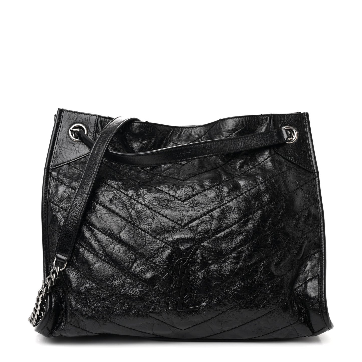 Crinkled Calfskin Matelasse Monogram Medium Niki Shopper Tote Black