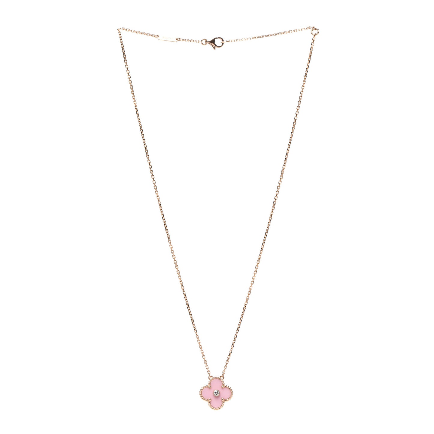18K Rose Gold Diamond Pink Porcelain Vintage Alhambra Pendant Necklace