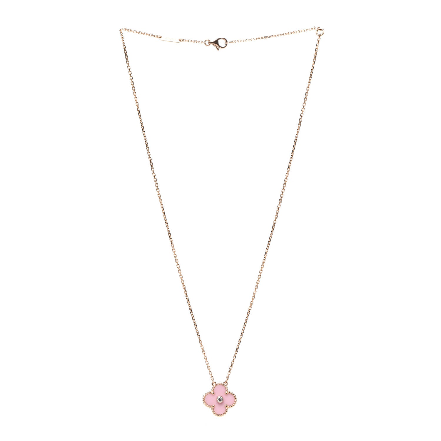 Van Cleef & Arpels 18K Rose Gold Diamond Pink Porcelain Vintage Alhambra Pendant Necklace 3 of 7