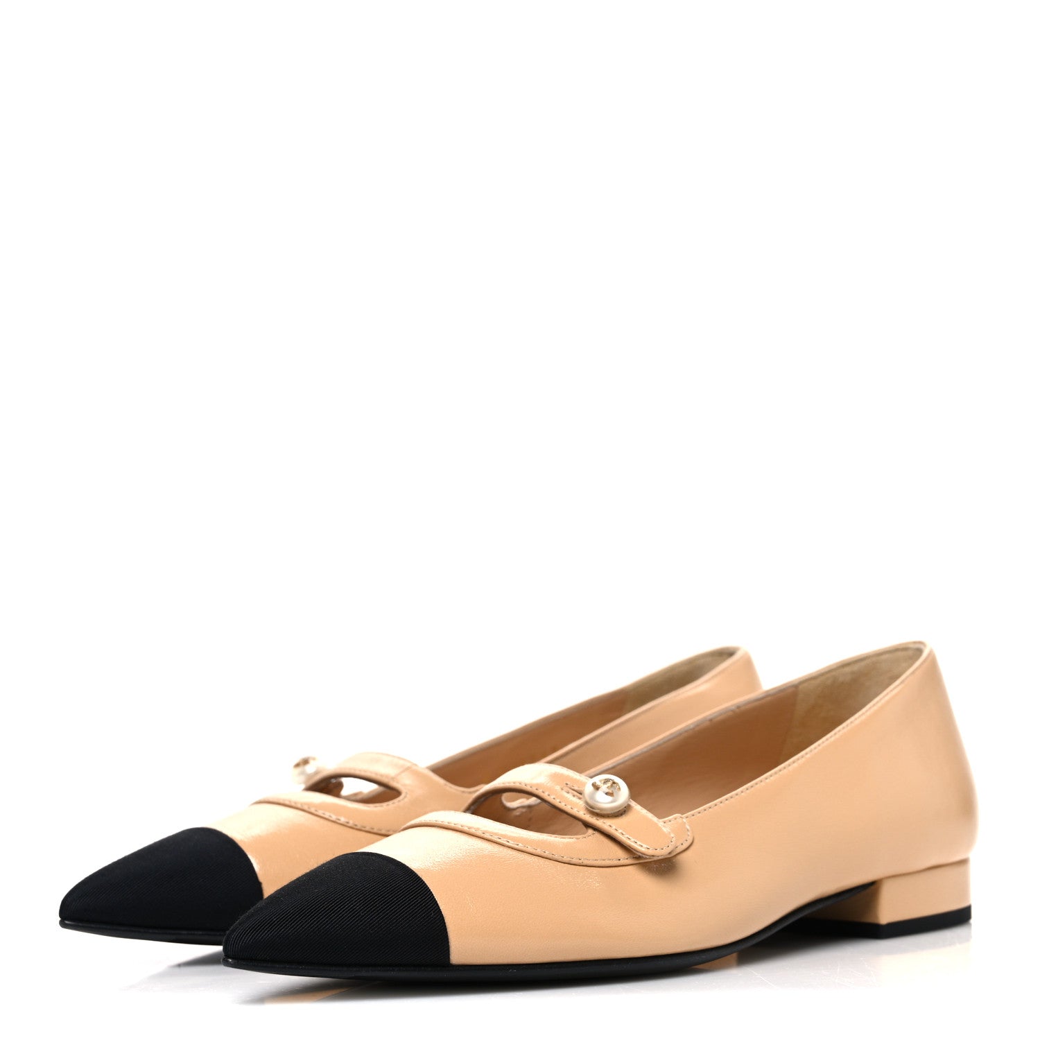 Chanel Shiny Lambskin Grosgrain Pointed Toe CC Ballet Flats 36 Beige Black 4 of 11