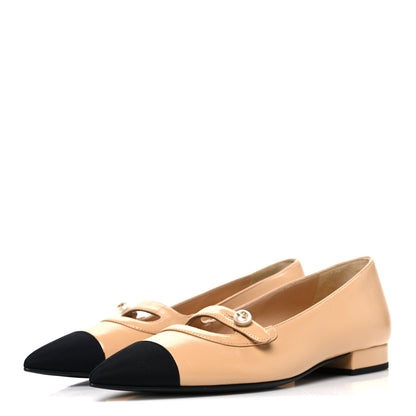 Chanel Shiny Lambskin Grosgrain Pointed Toe CC Ballet Flats 36 Beige Black 4 of 11