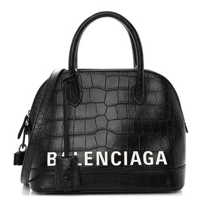 Balenciaga Calfskin Logo Crocodile Embossed S Ville Top Handle Bag Black White 1 of 22