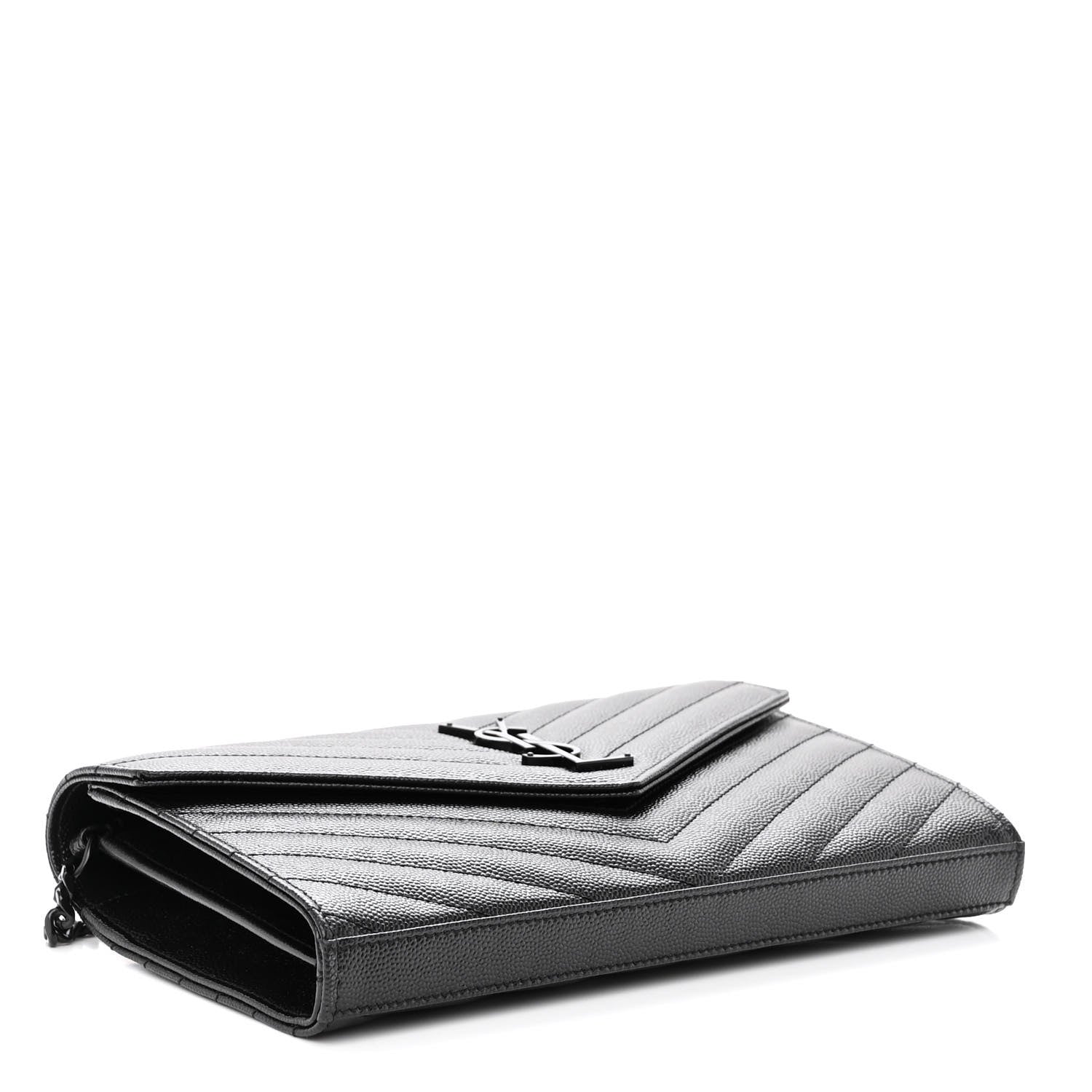 Saint Laurent Grain De Poudre Matelasse Chevron Monogram Monochrome Chain Wallet Black 3 of 10
