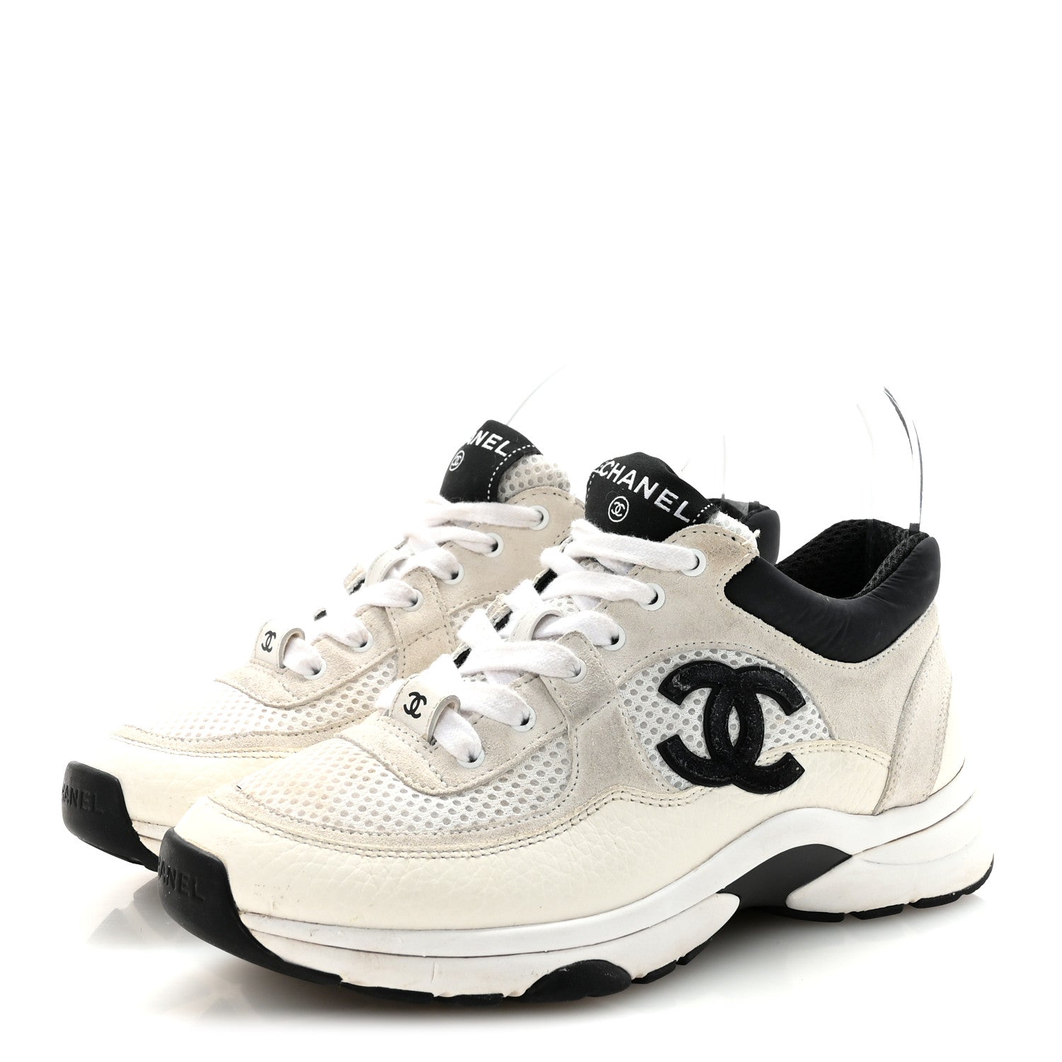 Chanel Mesh Suede Calfskin Grained Calfskin Womens CC Sneakers 36 White Black 4 of 9