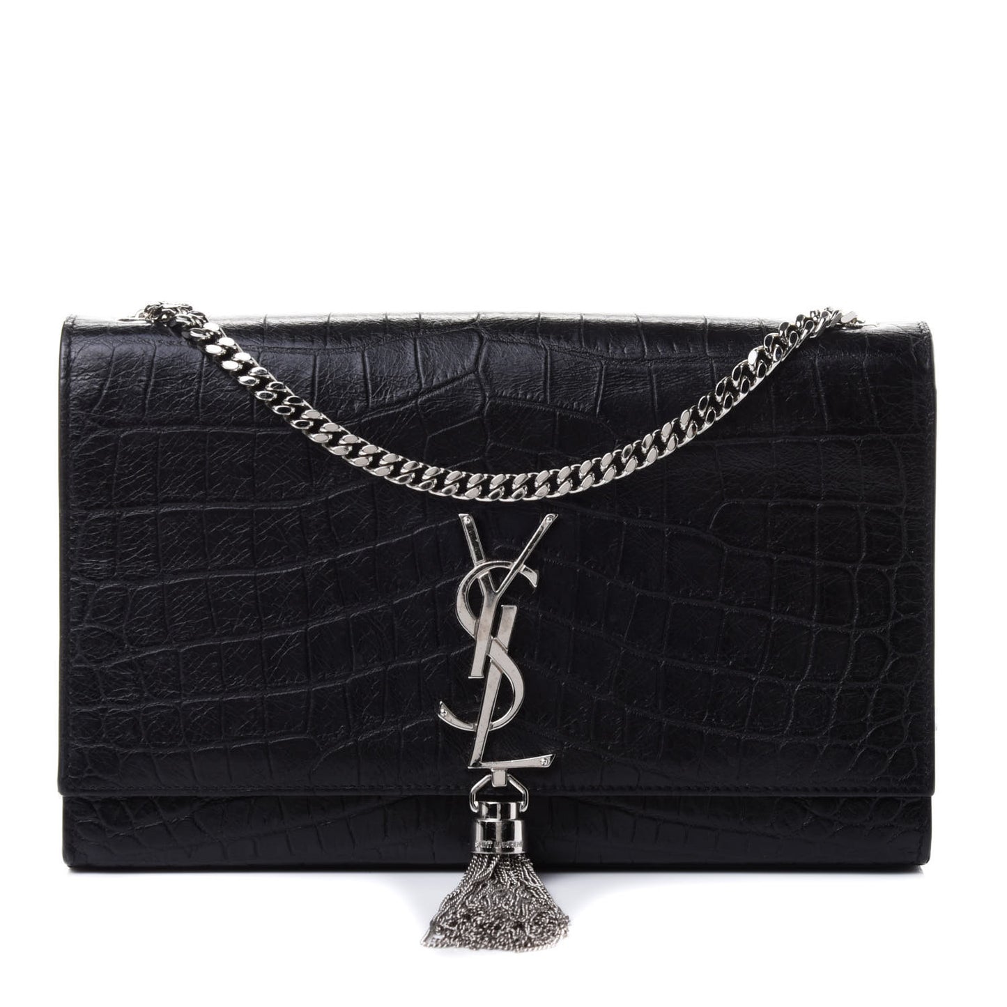 Calfskin Crocodile Embossed Medium Classic Monogram Kate Tassel Satchel Black
