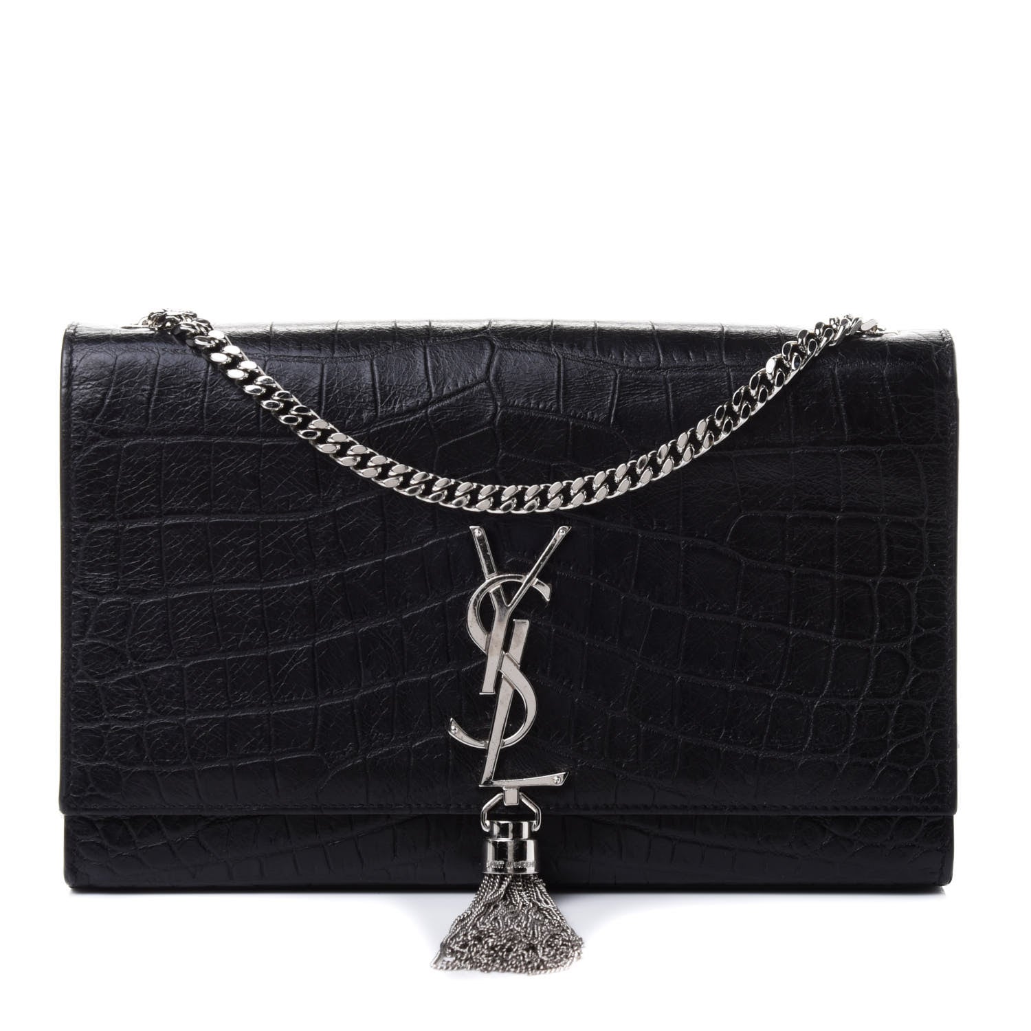 Saint Laurent Calfskin Crocodile Embossed Medium Classic Monogram Kate Tassel Satchel Black 1 of 4