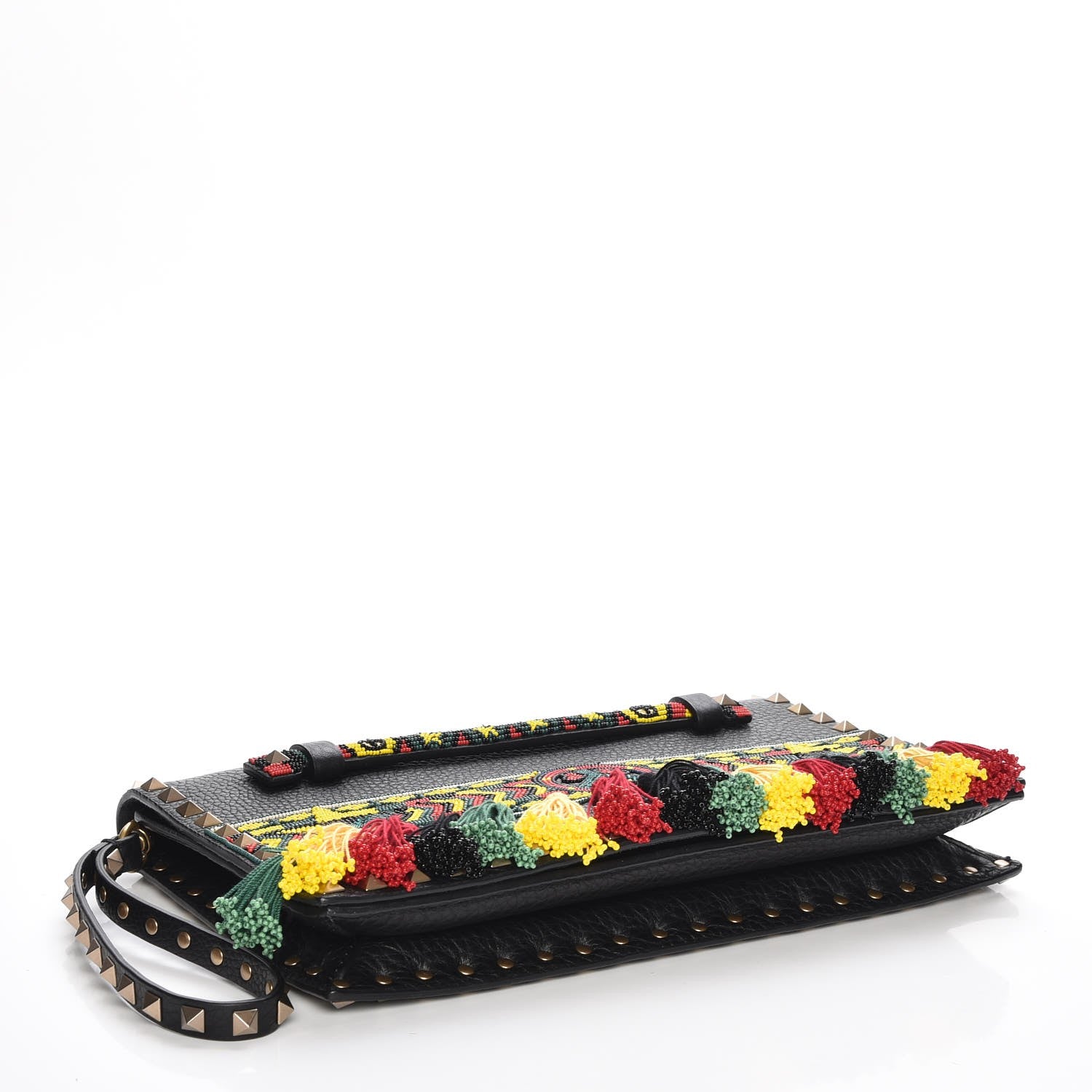 Valentino Garavani Pebbled Calfskin Beaded Ribbons Rockstud Wristlet Clutch Black 3 of 5