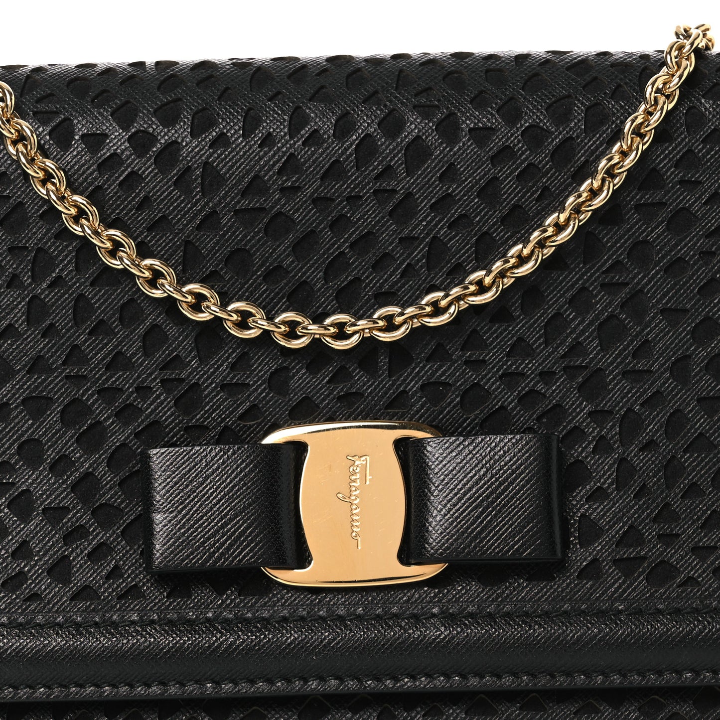 Printed Calfskin Laser Cut Bow Mini Miss Vara Bow Chain Bag Black