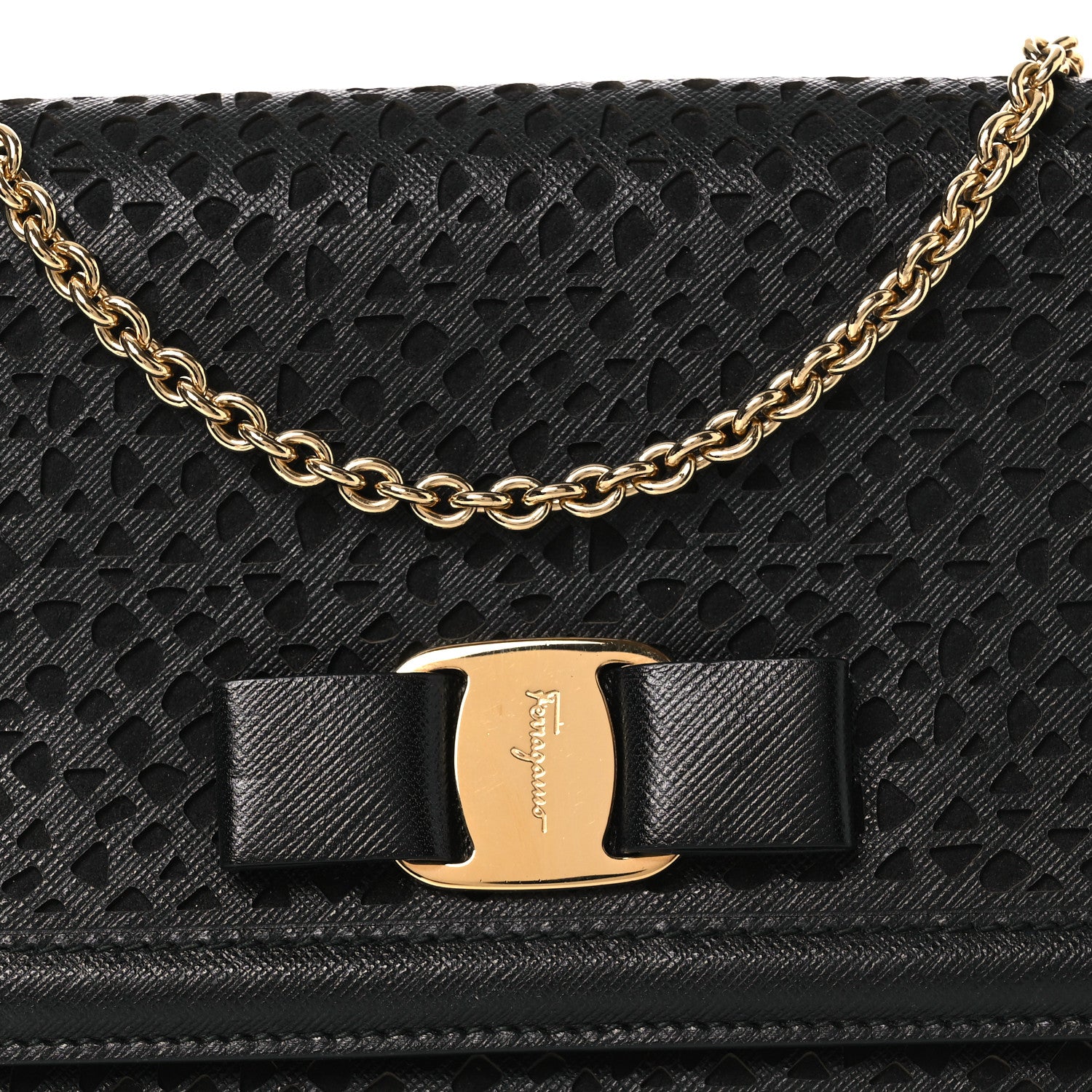 Salvatore Ferragamo Printed Calfskin Laser Cut Bow Mini Miss Vara Bow Chain Bag Black 7 of 11