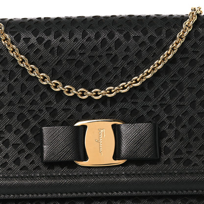 Salvatore Ferragamo Printed Calfskin Laser Cut Bow Mini Miss Vara Bow Chain Bag Black 7 of 11