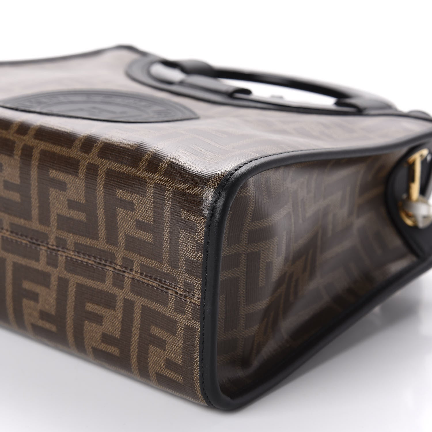 Fendi Glazed Fabric Vitello Century Plexiglass FF 1974 Stamp Patch Small Runaway Shopper Tote Mogano Panna Black 7 of 10