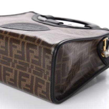 Fendi Glazed Fabric Vitello Century Plexiglass FF 1974 Stamp Patch Small Runaway Shopper Tote Mogano Panna Black 7 of 10