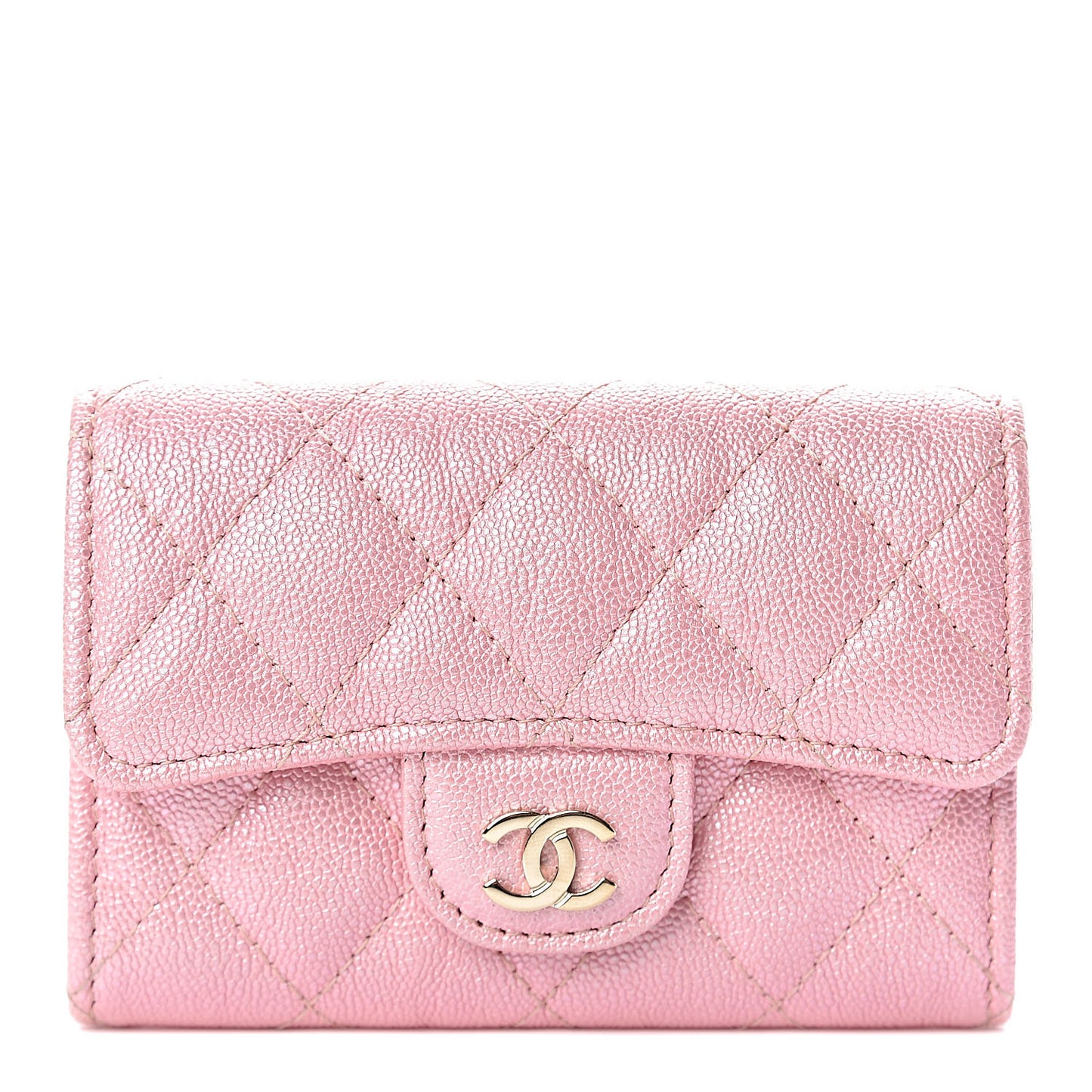 Iridescent Caviar Quilted Flap Card Holder Rose Pink