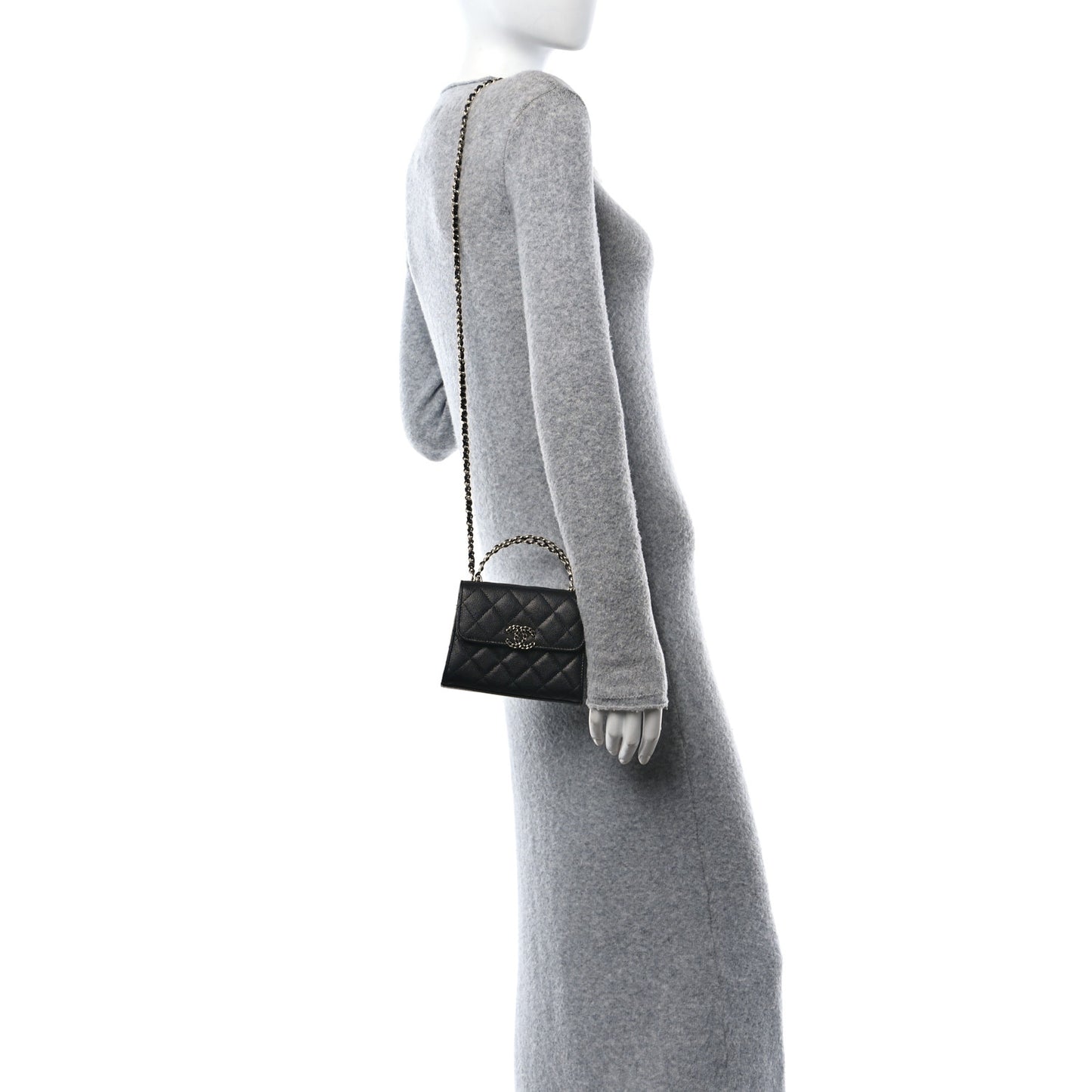 Caviar Quilted Double Chain Top Handle Flap With Chain Black