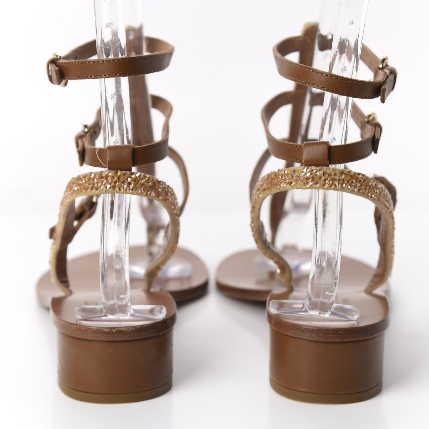 Calfskin Beaded Gladiator Ankle Wrap Low Heel Thong Sandals 40 Brown