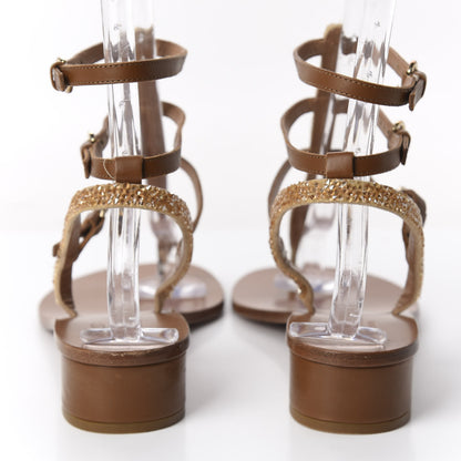 Valentino Garavani Calfskin Beaded Gladiator Ankle Wrap Low Heel Thong Sandals 40 Brown 6 of 8