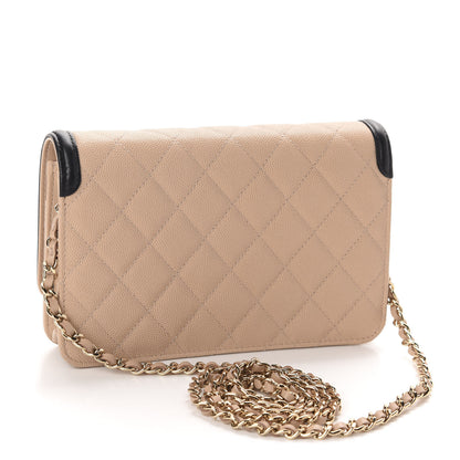 Chanel Caviar Quilted CC Filigree Wallet On Chain WOC Beige Black 3 of 12
