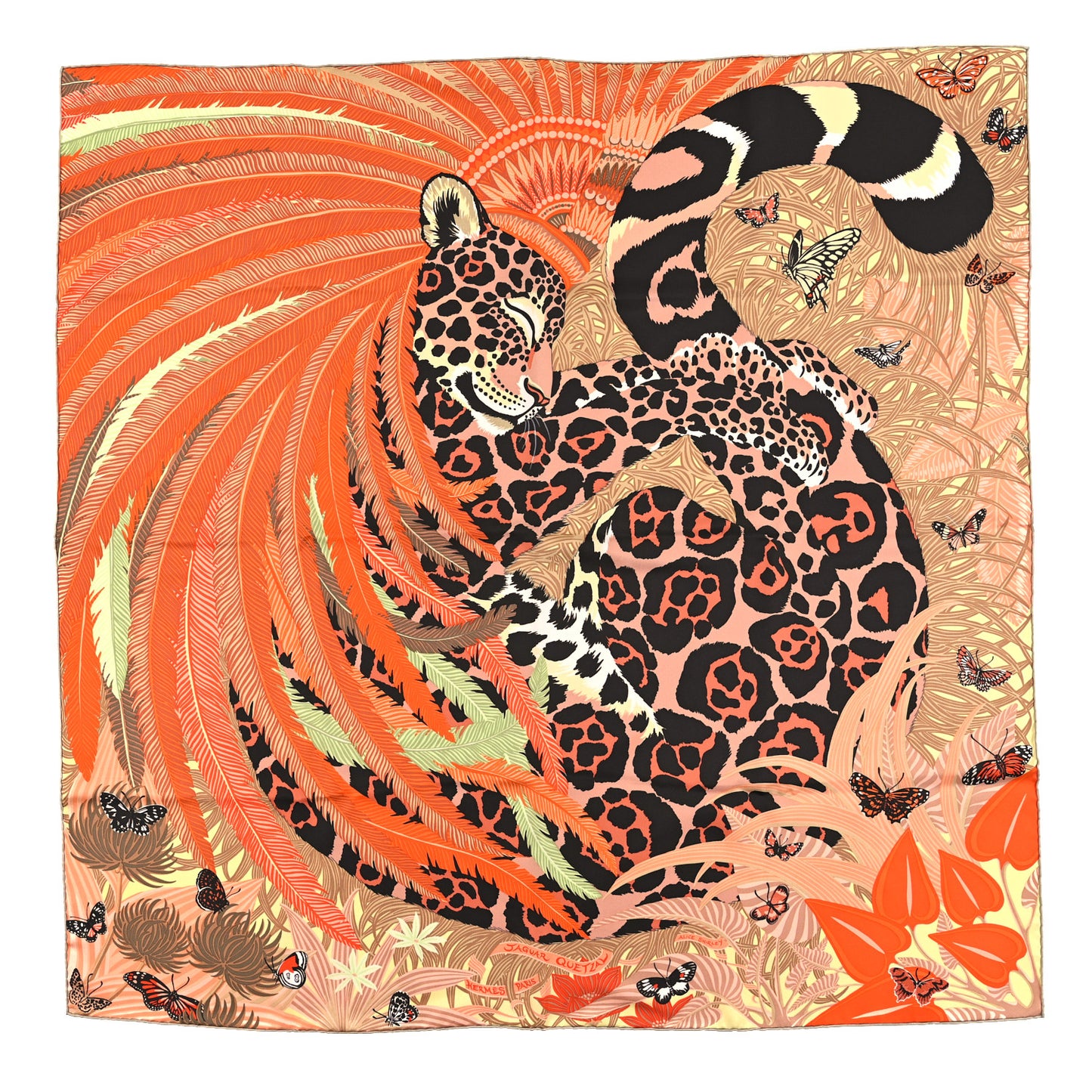 Silk Jaguar Quetzal Scarf 90 Orange Beige Vert