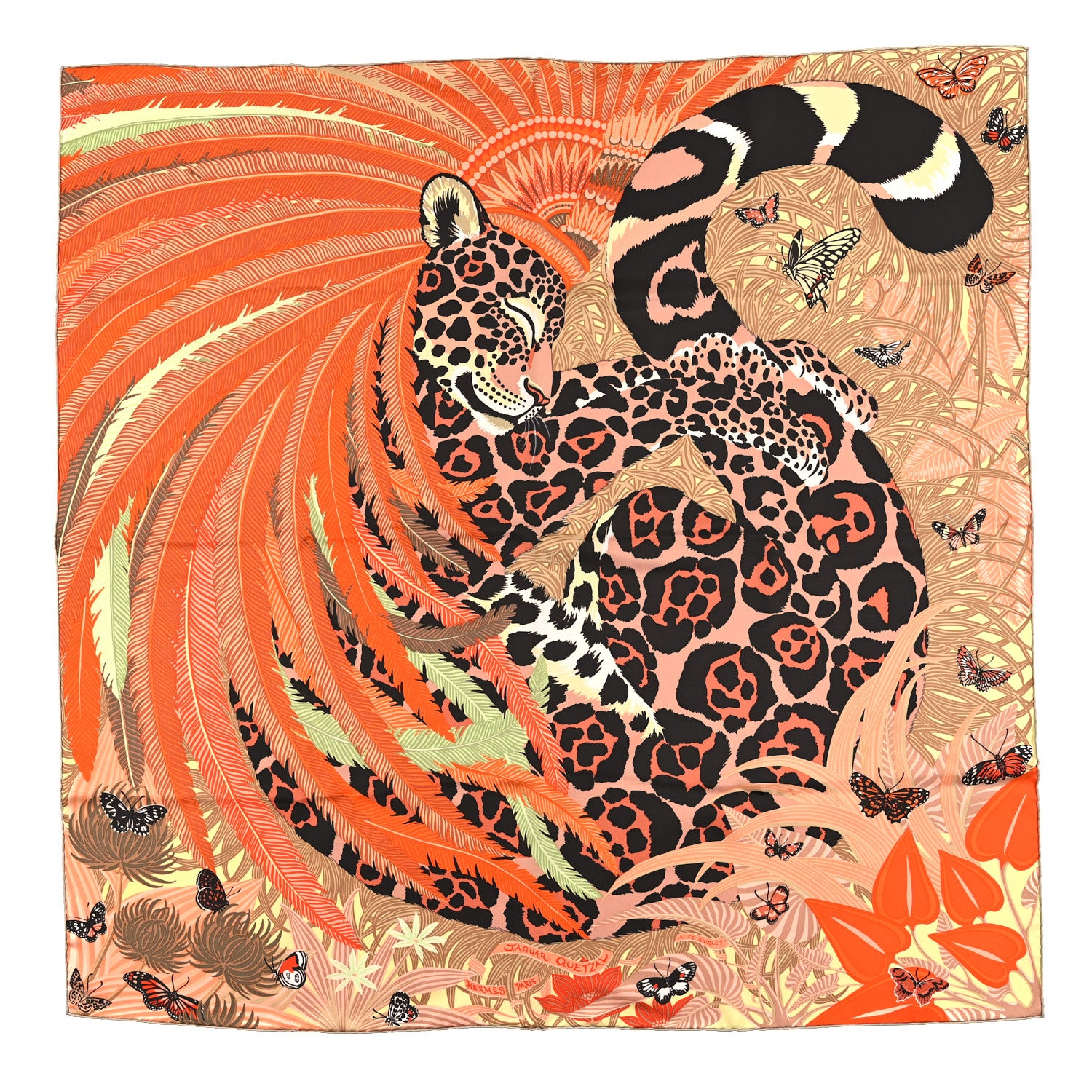 Hermes Silk Jaguar Quetzal Scarf 90 Orange Beige Vert 1 of 3