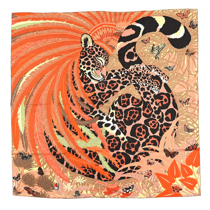 Hermes Silk Jaguar Quetzal Scarf 90 Orange Beige Vert 1 of 3