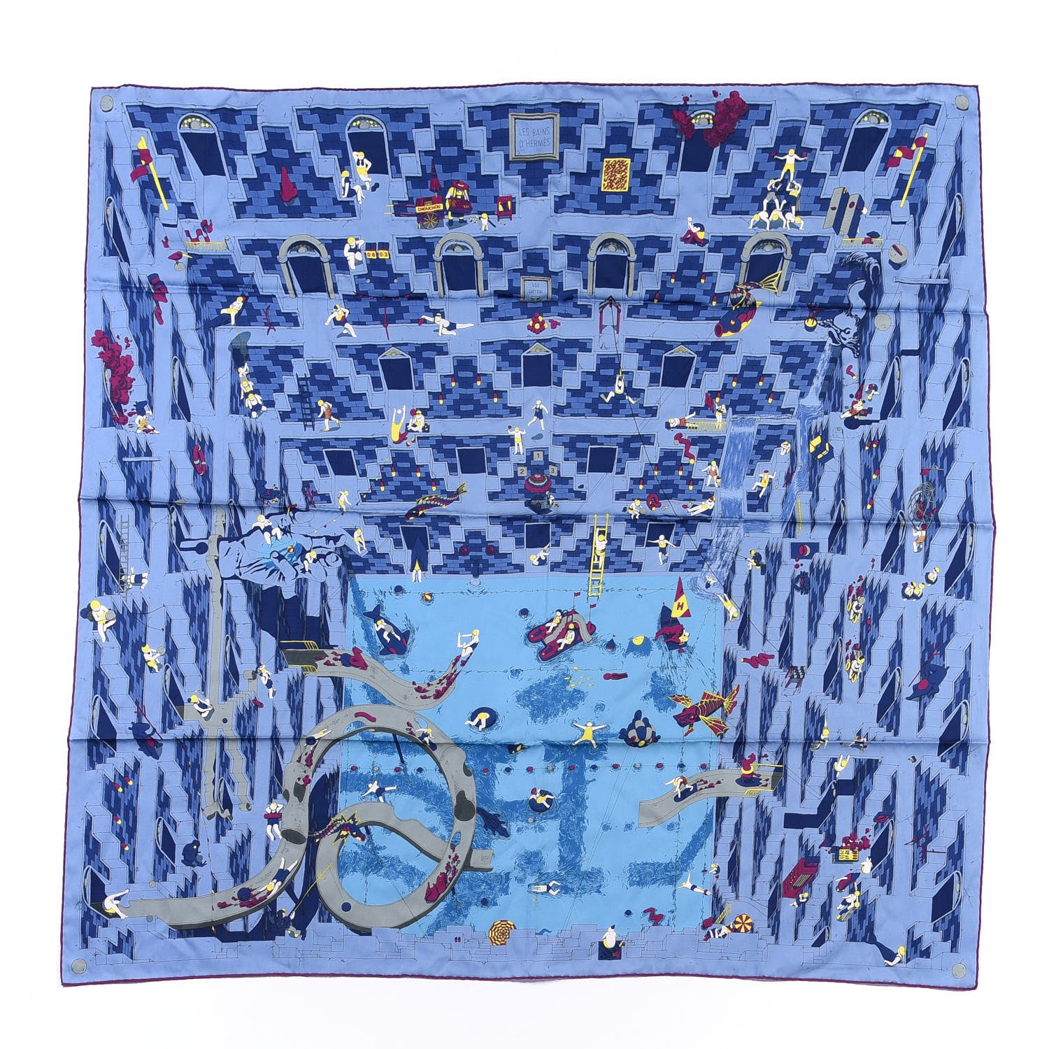 Hermes Silk Cotton Les Bains d'Hermes Scarf 100 Bleu Nuit Silex Magenta 1 of 4