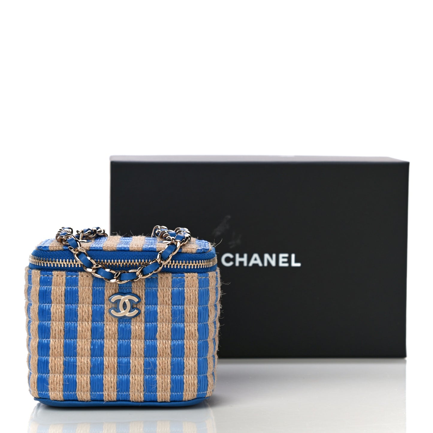 Raffia Jute Striped Mini Vanity Case With Chain Blue Beige
