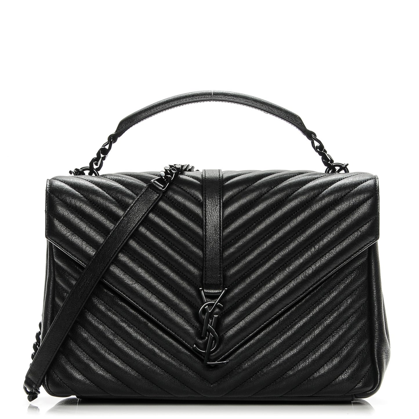 Sheepskin Matelasse Chevron Monogram Monochrome Large College Satchel Black