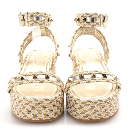Valentino Garavani Laminated Nappa Rockstud Flatform Espadrille 45MM Sandals 36 Natural Ivory Gold Platinum 3 of 8