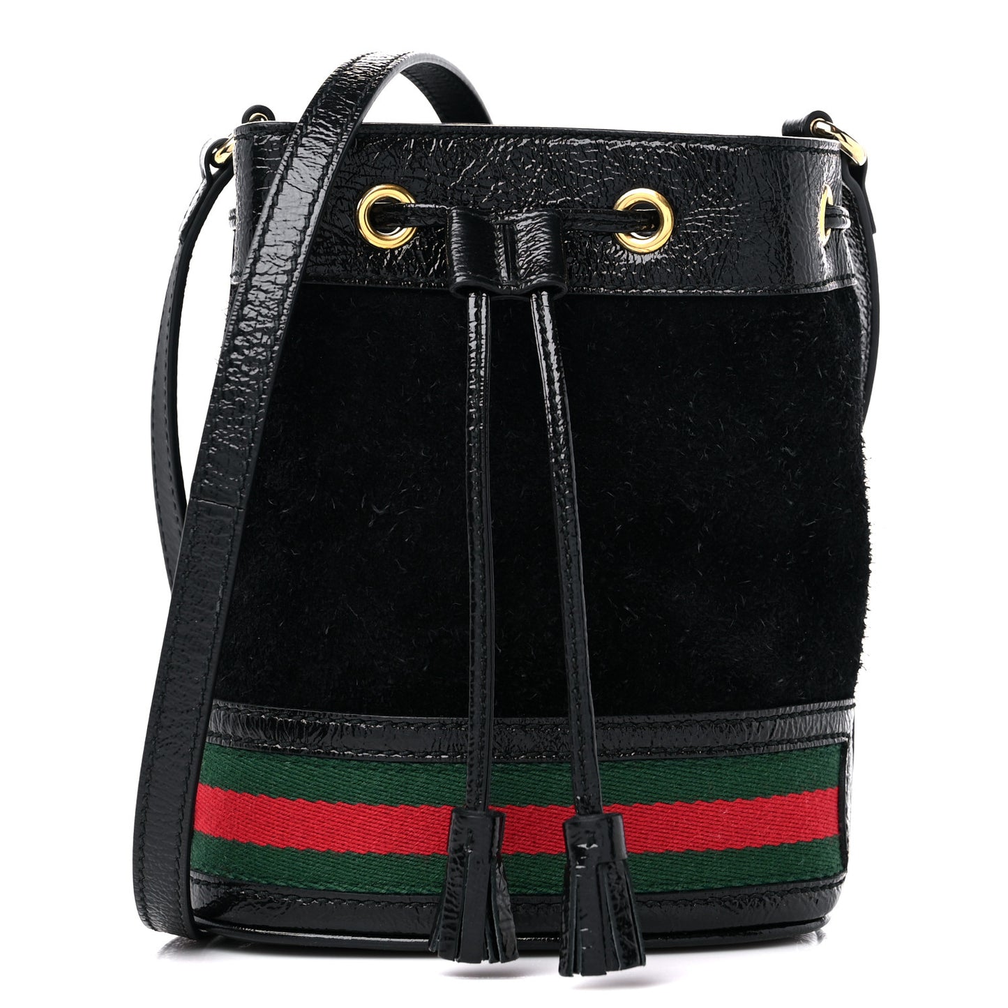 Suede Patent Web Mini Ophidia Bucket Bag Black