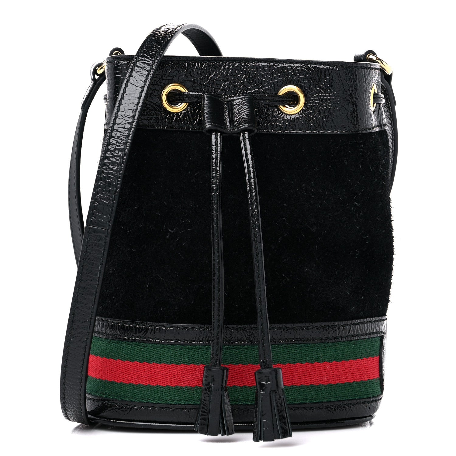 Gucci Suede Patent Web Mini Ophidia Bucket Bag Black 1 of 10