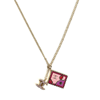 Chanel Enamel CC Stamp Necklace Gold Red Pink 6 of 10