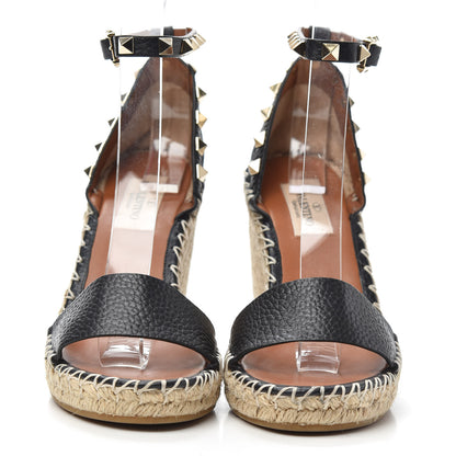 Valentino Garavani Grained Calfskin Rockstud Ankle Strap Espadrille 15/105mm Wedge Sandals 35 Black Light Cuir Natural 2 of 7