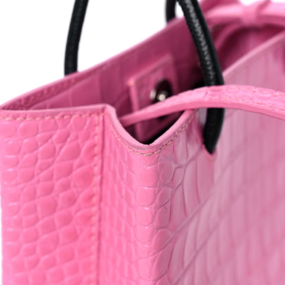 Balenciaga Shiny Calfskin Logo Crocodile Embossed North South Shopper Tote XXS Rose Black 16 of 17