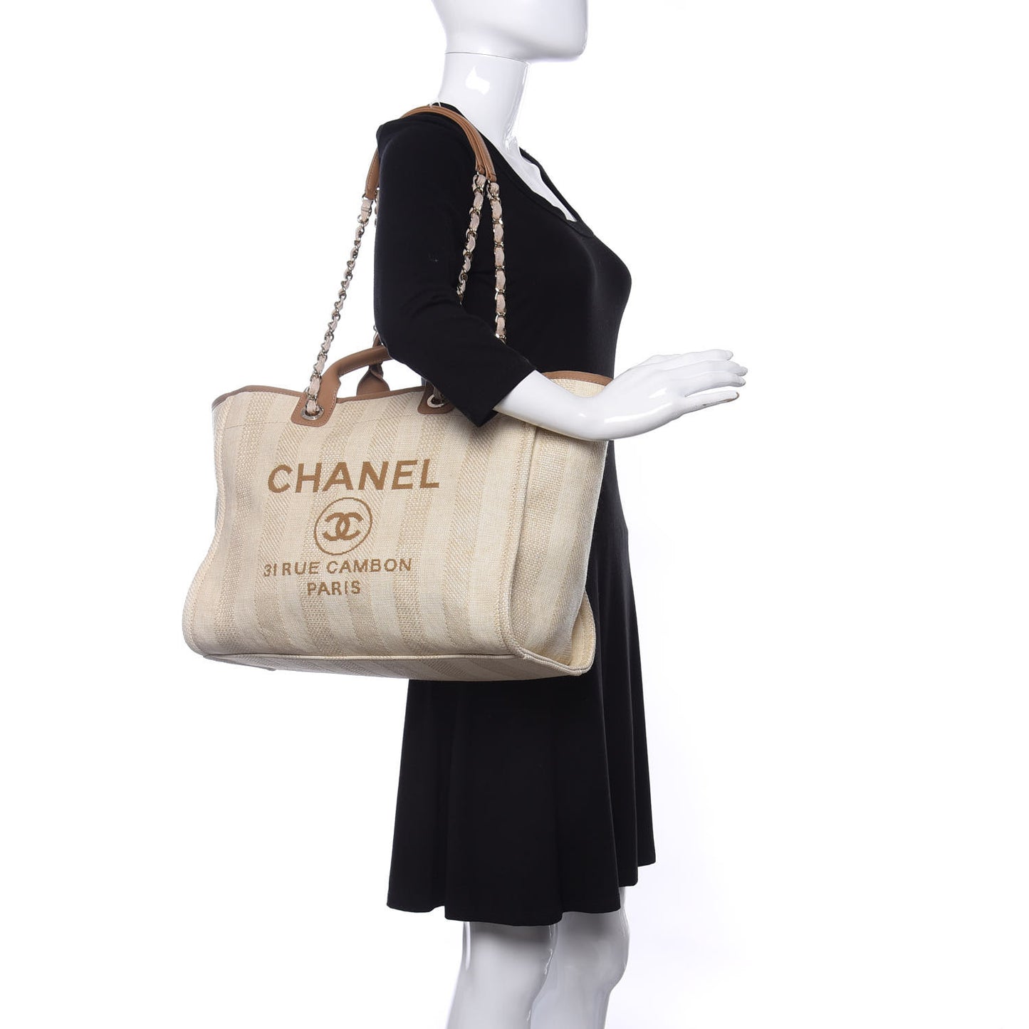 Mixed Fibers Striped Medium Deauville Tote Beige
