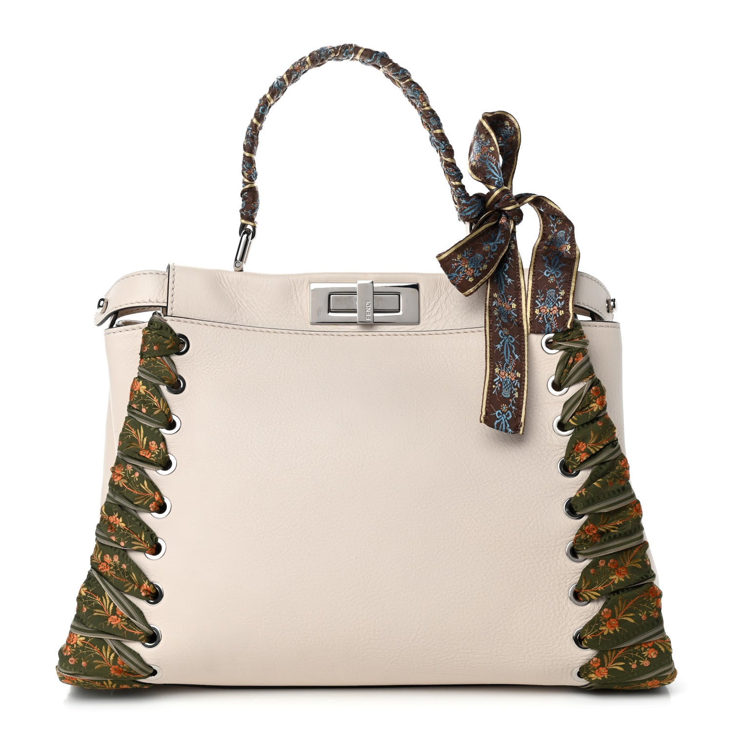 Fendi Vitello Seta Shiny Nappa Ribbon Lace Up Floral Medium Peekaboo Iconic Satchel Camelia Multicolor 1 of 4