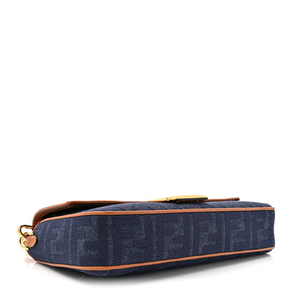 Fendi Denim Vitello King FF Embroidered Large Baguette Blue Cuoio 4 of 13
