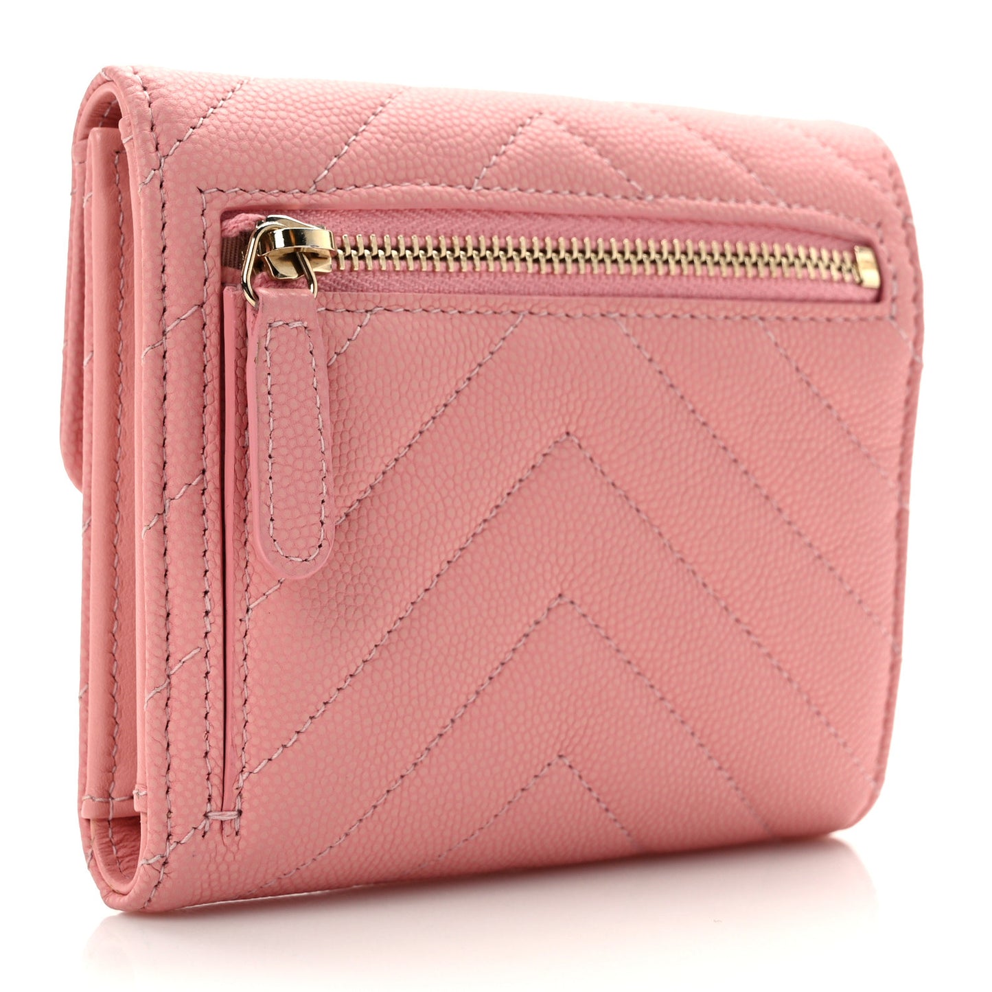 Caviar Chevron Quilted Compact Flap Wallet Pink