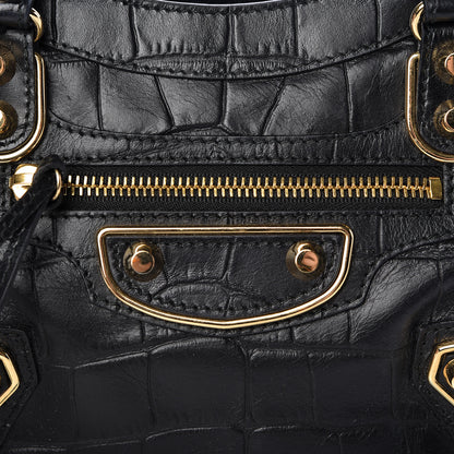 Balenciaga Calfskin Crocodile Embossed Gold Metallic Edge Hardware Mini City Black 8 of 10