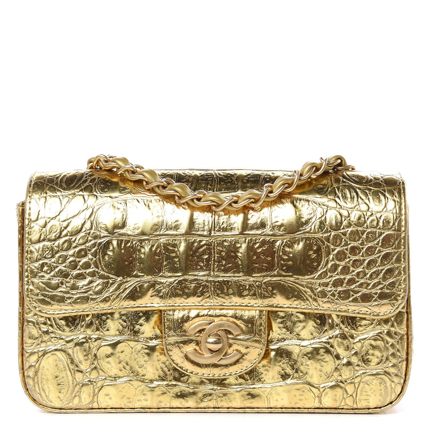 Metallic Calfskin Crocodile Embossed Cocodile Rectangular Mini Flap Gold