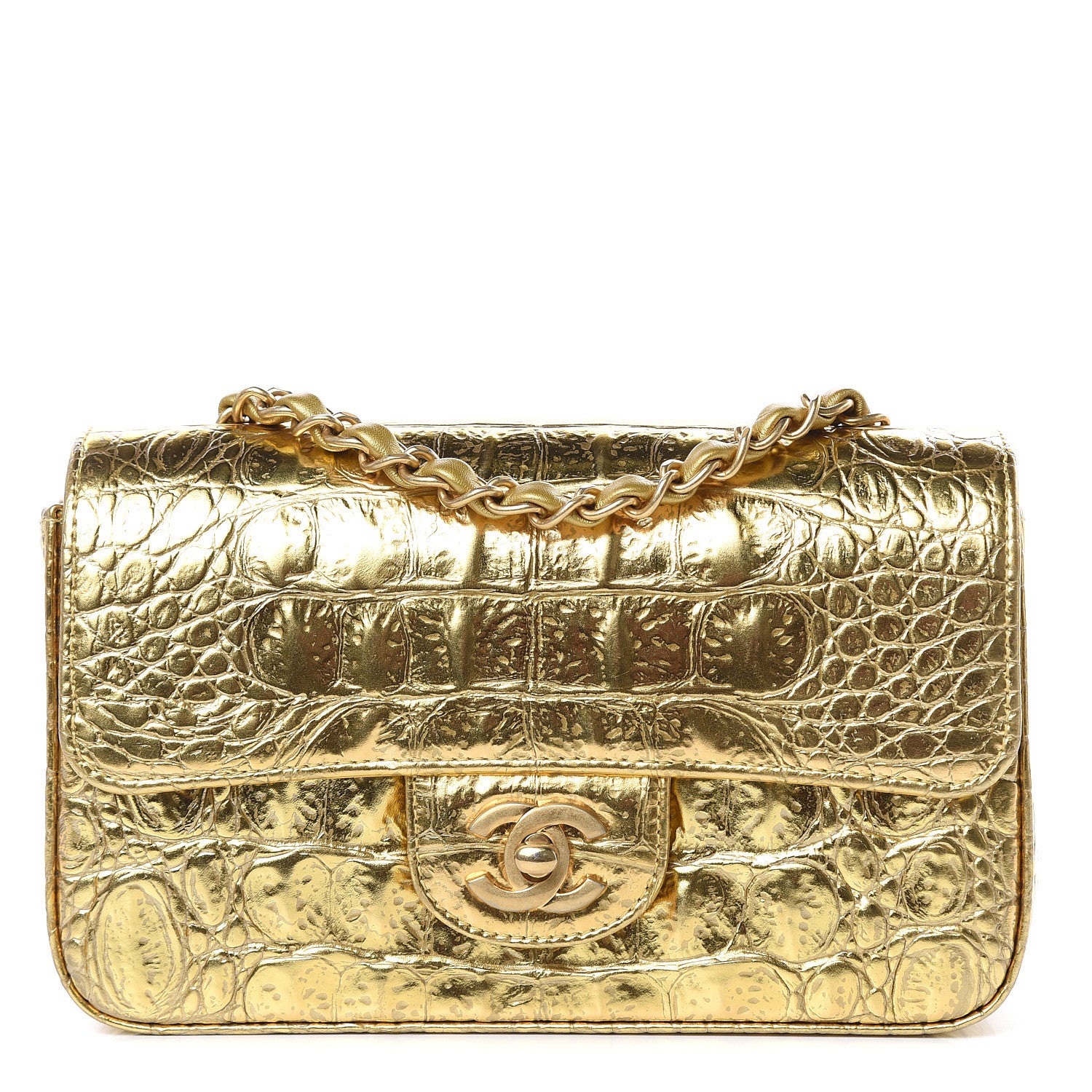 Chanel Metallic Calfskin Crocodile Embossed Cocodile Rectangular Mini Flap Gold 1 of 13