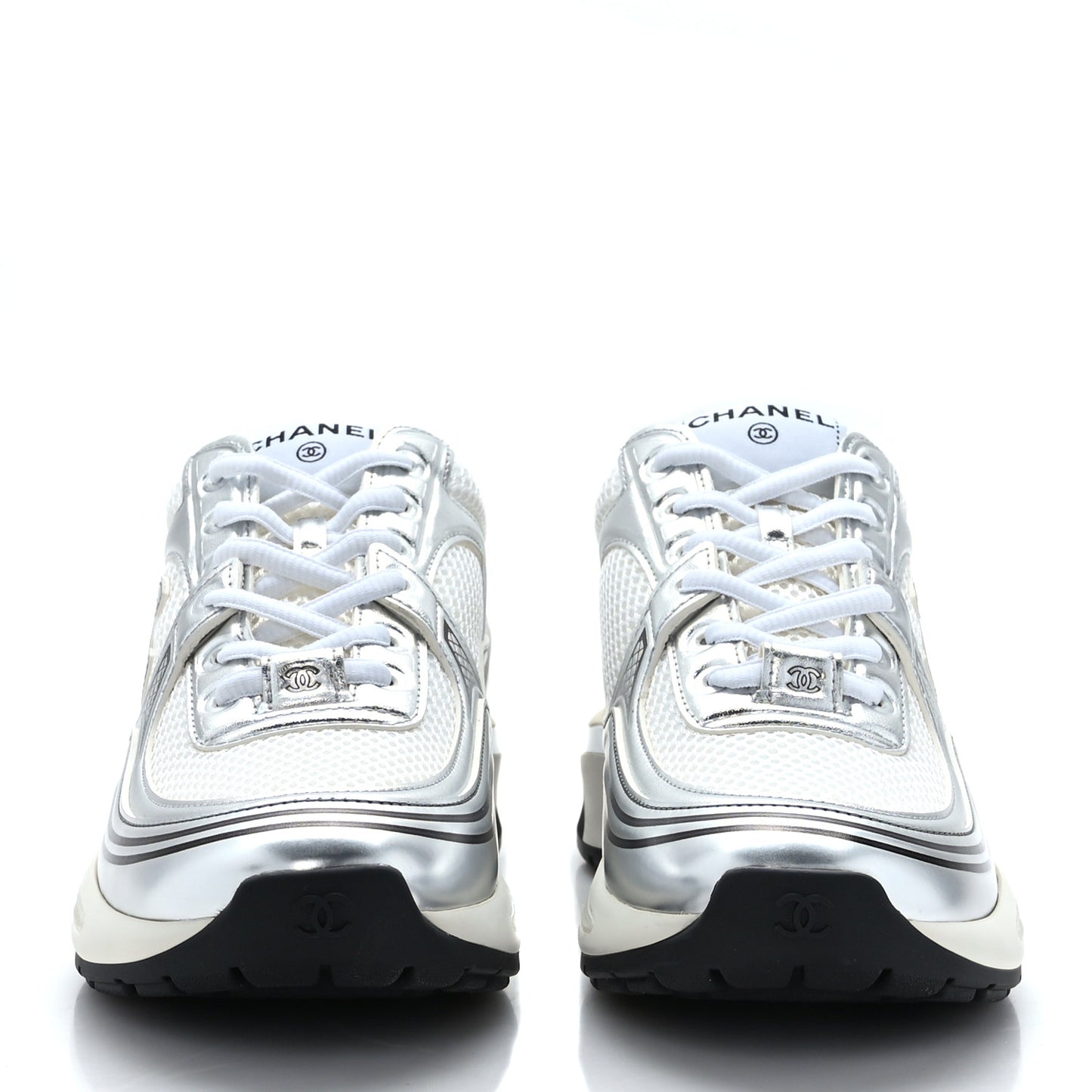 Fabric Laminated Calfskin Stretch CC Womens Sneakers 37.5 White Silver