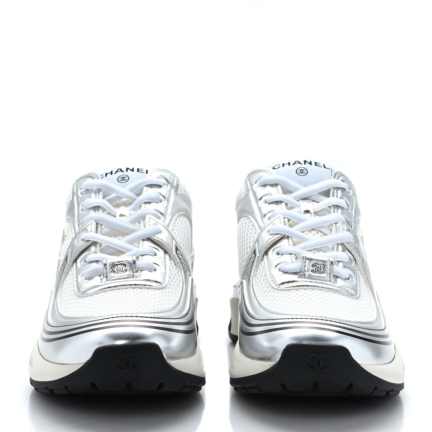 Chanel Fabric Laminated Calfskin Stretch CC Womens Sneakers 37.5 White Silver 2 of 9