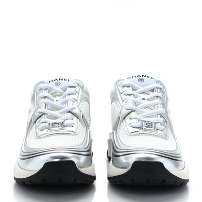 Chanel Fabric Laminated Calfskin Stretch CC Womens Sneakers 37.5 White Silver 2 of 9
