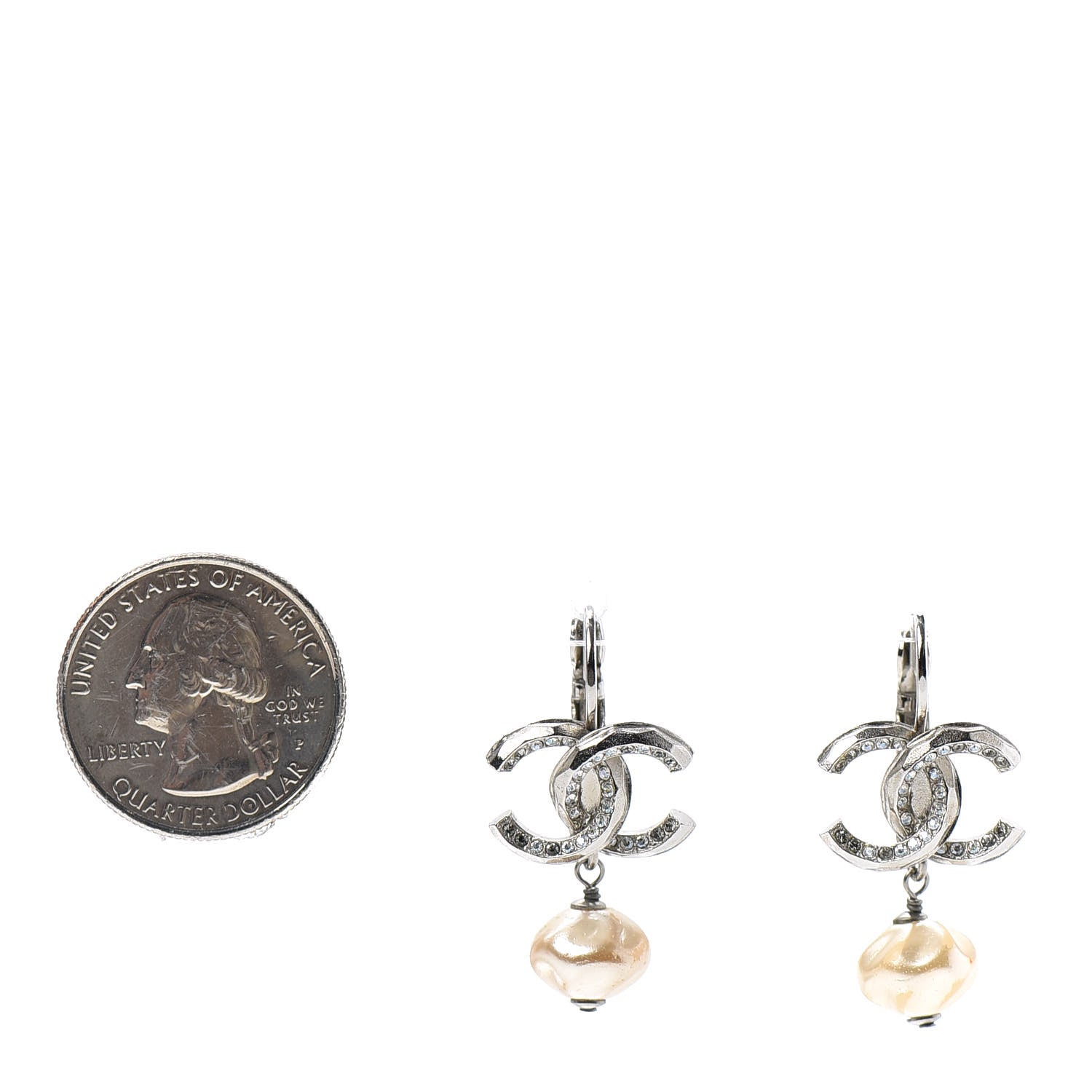 Chanel Crystal Pearl CC Drop Earrings Silver 2 of 4