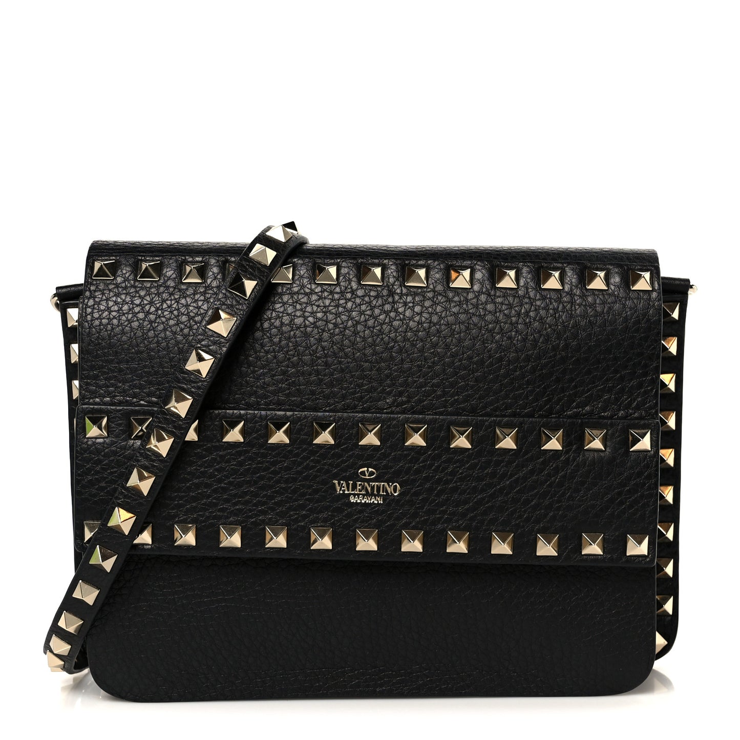 Grainy Calfskin Rockstud Flap Crossbody Bag Black
