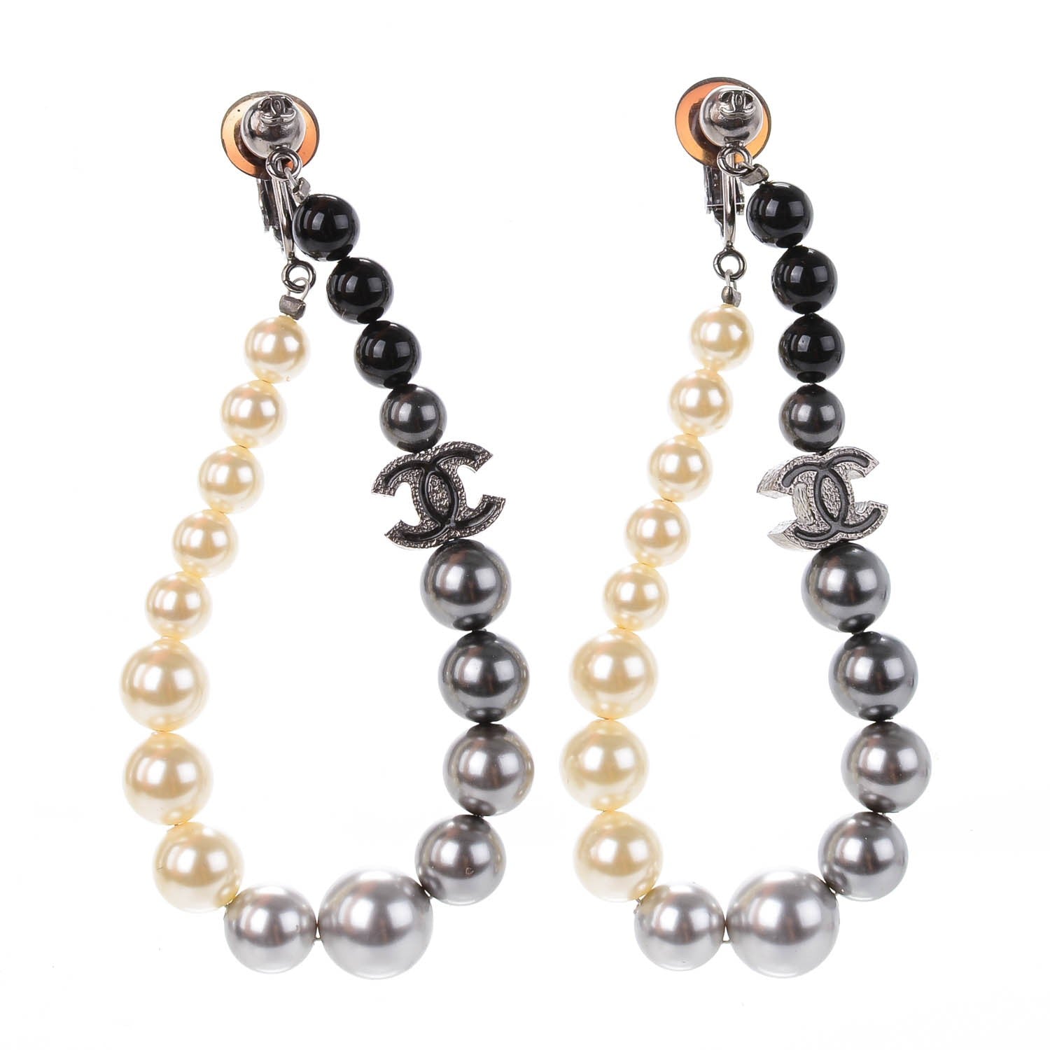Chanel Pearl CC Drop Clip On Earrings Black White Grey 1 of 5