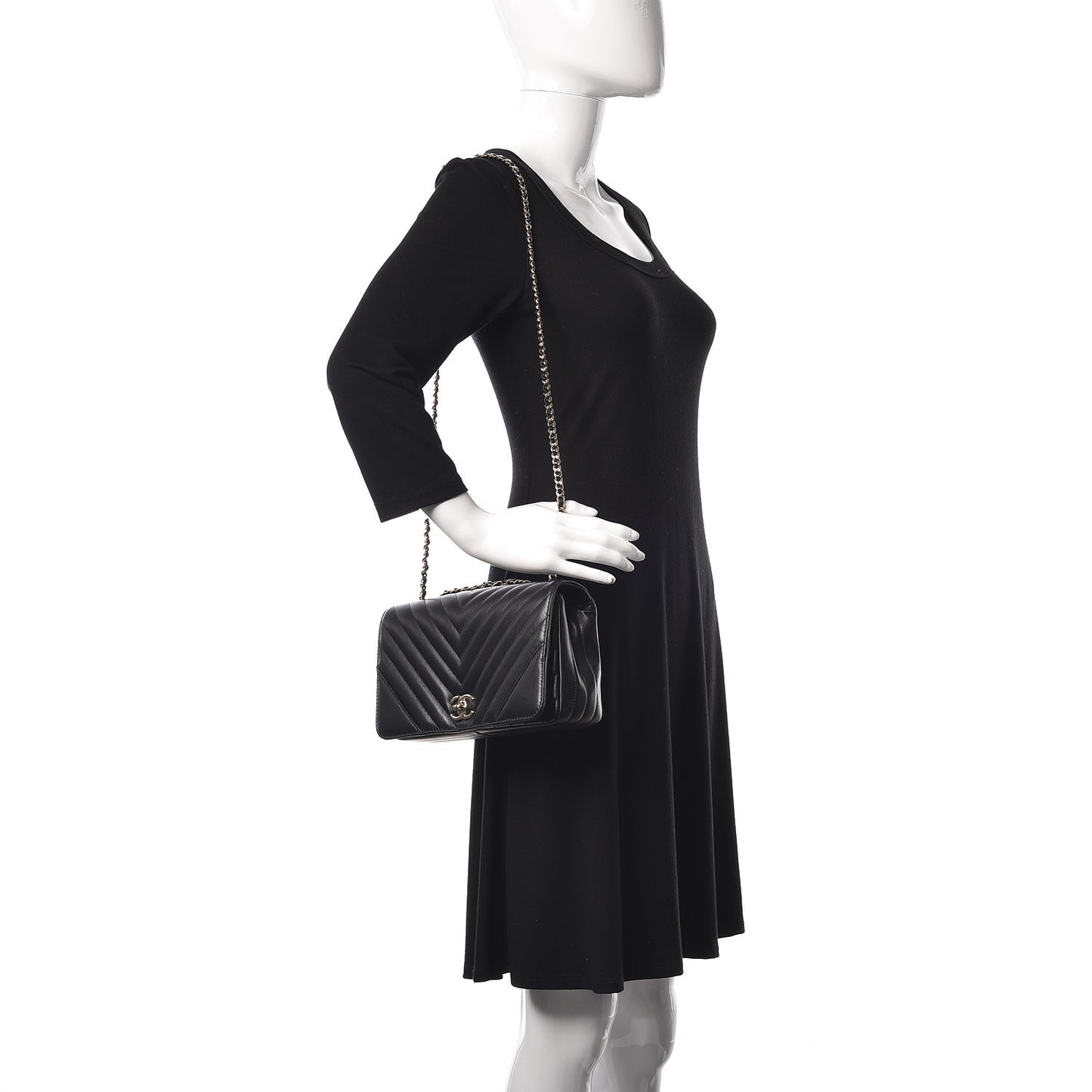 Calfskin Chevron Quilted Statement Flap Black